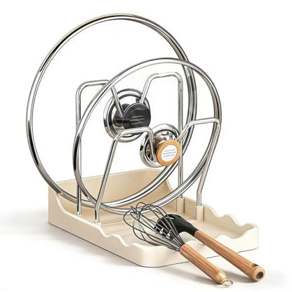 Pot Lid Rack, Cutting Board & Utensil Holder White | Space-saving rust-proof steel storage holds lids, boards, spoons and chopsticks