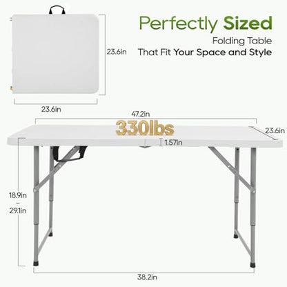 FDW 4FT Folding Table, Portable Fold-in-Half Plastic Picnic Party Table with Carrying Handle (White, 4FT)