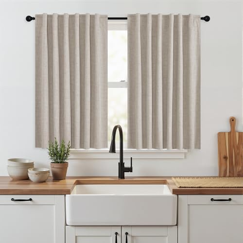 RYB HOME Natural Beige 100% Blackout Short Curtains 45 inch Length 52 Width, Light Blocking & Thermal Insulated Curtains for Kitchen/Small Window/Bathroom/Basement, 2 Panels - color: Natural Beige, size: 52"W x 45"L (Pack of 2)