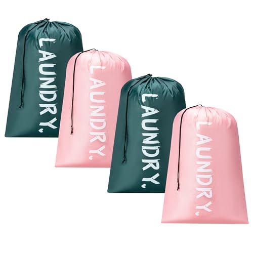 4 Pack XL Travel Laundry Bag, Machine Washable Dirty Clothes Organizer with Drawstring,Large Enough to Hold 4 Loads of Laundry, Easy Fit a Laundry Hamper or Basket Travel Essentials 24" x 36" - color: Pink+Dark Green, size: 24"x36" |4 Pack