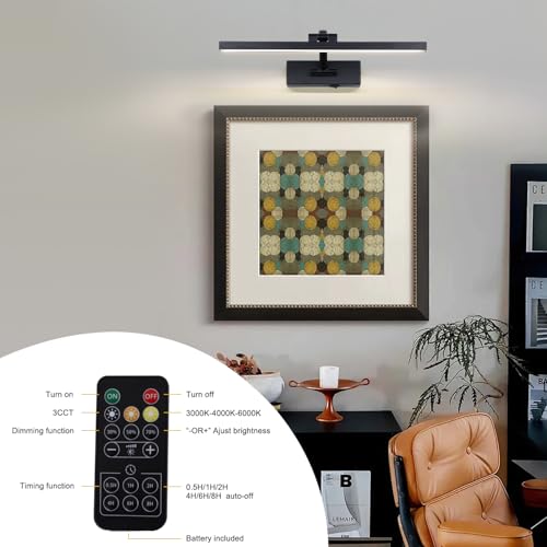 LED Wireless Picture Light with Remote Control,USB Rechargeable Battery Powered Art Lamps,Dimmable,270° Rotate,Timing,15.5 Inch Black Wall Lights for Paintings,Picture Frame,Gallery - color: Battery Operated Black, size: 15.7 Inch