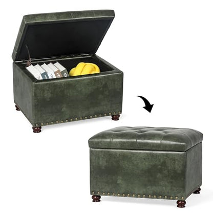 Leather Ottoman with Storage,24’’Foot Rest Ottomans with Hinged Lid Rectangle Upholstered Foot Stools Nailhead Trim for Living Room Bedroom,Green - color: Green