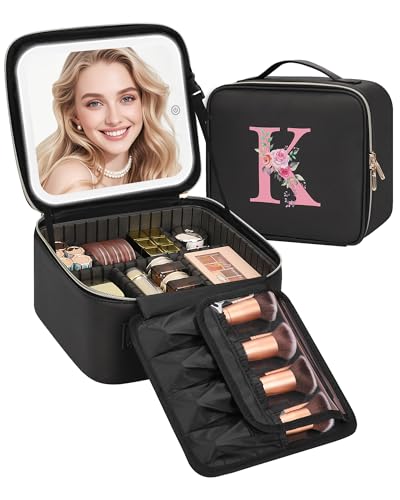 Relavel Initial Makeup Bag with LED Mirror for Women Girls, Personalized Travel Cosmetic Organizer Train Case, Birthday Gifts for Grandkids Bridesmaid Graduation Teacher Friends, Trendy Stuff, Black K - color: Black, style: K
