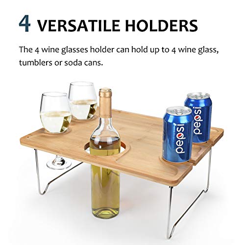 Tirrinia Portable Wine Picnic Table, Ideal Wine Gift for Women Men, Small Folding Outdoor Picnic & Cheese Tray with 4 Wine Glasses Holder for Camping, Park, Beach, Garden, Concerts,Steel Legs - size: 17" x 12.6"