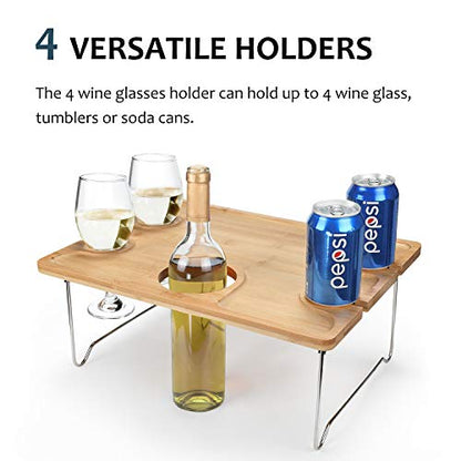 Tirrinia Portable Wine Picnic Table, Ideal Wine Gift for Women Men, Small Folding Outdoor Picnic & Cheese Tray with 4 Wine Glasses Holder for Camping, Park, Beach, Garden, Concerts,Steel Legs - size: 17" x 12.6"