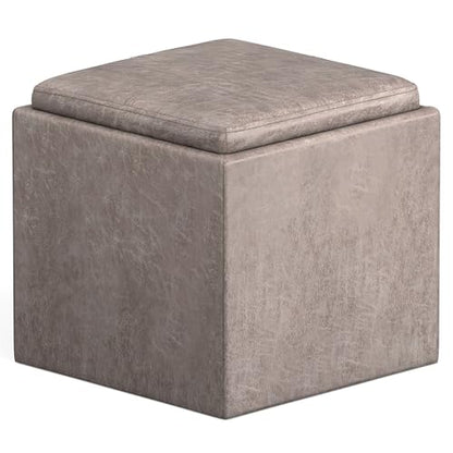 SIMPLIHOME Rockwood Cube Storage Ottoman with Tray - 17" Wide x 17" High Upholstered Vegan Leather Square Storage Ottoman in Distressed Grey Taupe, Contemporary Cube Ottoman with Serving Tray - color: Distressed Grey