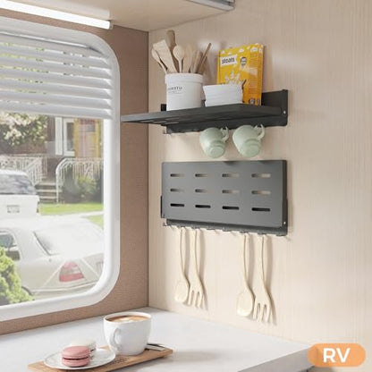 Folding Metal Shelf with Hooks, Wall Mounted Laundry Room Shelf, 8 Hooks & 90° Fold Up, Fold-Down for Rv, Bathroom, Kitchen, Garage, Space Saving, Small Space, Black（17.0", 1 Pack） - color: 17.0" , 1-pack