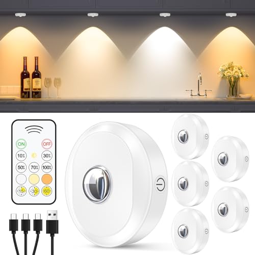 WILLED Rechargeable Puck Lights with Remote Control, 3 Color Temperatures and Timing Function, Dimmable Tap Light, Stick on Under Cabinet Lights, LED Puck Lights for Kitchen, Closet and Shelf(6 Pack) - color: White, size: Warm White - Cool White
