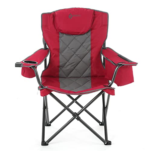 ARROWHEAD OUTDOOR Portable Deluxe Folding Camp Quad Chair w/Headrest, Glass & Cup Holders, Armest 6-can Cooler, Heavy Duty Carry Bag, 550 lbs Weight Capacity - color: Burgundy Red
