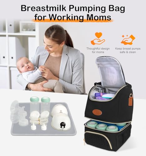 PIIOSER Breastmilk Cooler Bag with Ice Pack, Double Deck Insulated Baby Bottle Travel Bags with Shoulder Strap, Wearable Breast Pump Carry Bag for Nursing Moms Daycare, Work, Picnic(Black) - color: Black-2