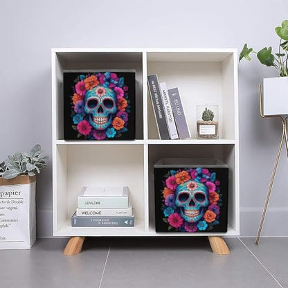 Sugar Skull Flowers Foldable Storage Box with Handle Organizer Containers for Home Office Clothes Office Supplies - color: style-7