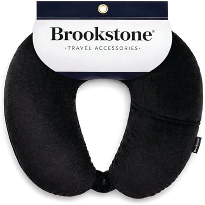 Brookstone Microbead Neck Pillow - Super Soft Cozy Lightweight Plush Travel Pillow with Phone or Headphone Pocket, Black - color: Black