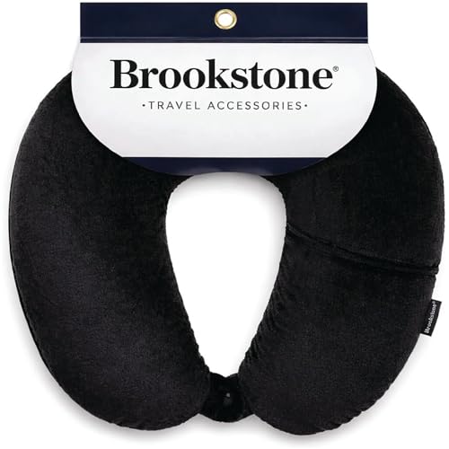 Brookstone Microbead Neck Pillow - Super Soft Cozy Lightweight Plush Travel Pillow with Phone or Headphone Pocket, Black - color: Black