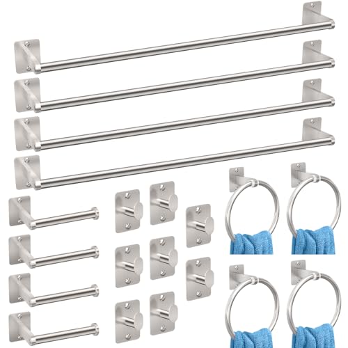 KLJKPA 20 Pieces Bathroom Accessories Set, Brushed Nickel Bathroom Hardware Set, 24 inch Towel Bar, Towel Racks for Bathroom, Robe Towel Hooks, Toilet Paper Holder Wall Mounted - color: Brushed Nickel, size: 20 Piece
