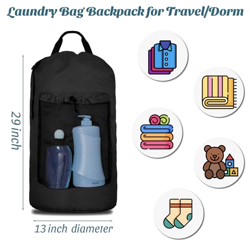 Laundry Bag Backpack Large Travel Laundry Backpack with Adjustable Shoulder Straps Portable Hamper Bag for College, Dorm, Apartment Camp(Black)