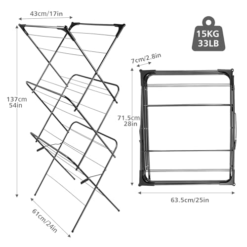 Foldable Clothes Drying Rack | Portable Collapsible Laundry Drying Rack | Use for Indoor & Outdoor | Space Saving | Black 54"x24"x17" | Easy to Assemble