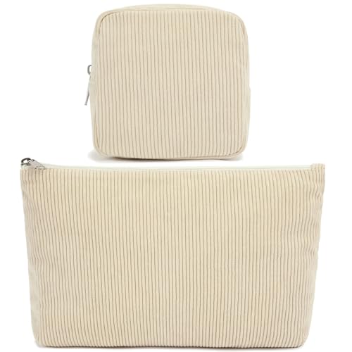 Fammart Corduroy Makeup Bag, Travel Cosmetic Bag Organizer Toiletry Bag Make Up Bags with Zipper & Compartments for Women Girls, 2PCS - color: Corduroy, 2PCS- Beige
