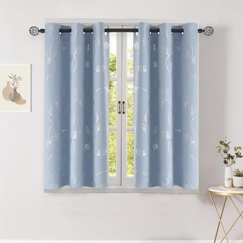 BUHUA Short Blackout Curtains for Kitchen, Half Window Treatment for Bedroom Energy Saving Privacy Shade for RV Camper Bathroom Basement, W38 x L45 inches, Baby Blue, 2 Panel Set - color: Silver Leaf /Baby Blue, size: 38Wx45L