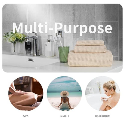 MICROFI New Microfiber Waffle Bath Towels, 3 Pieces, Oversized, Soft, Absorbent, Fast Drying, Lint Free, Includes Bath, Face and Hand Towels 430 GSM (Champagne) - color: Champagne