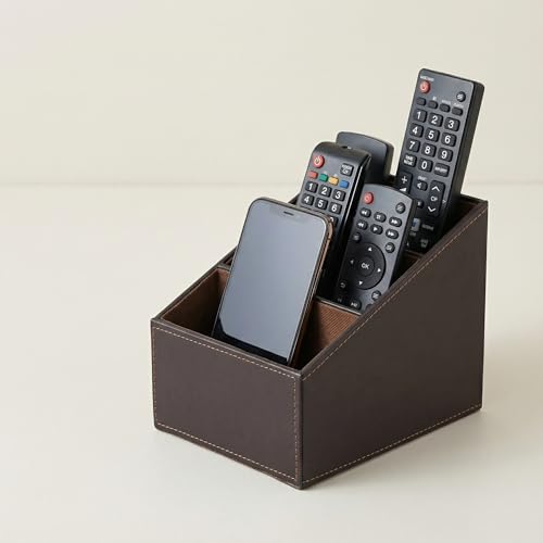 I-MART PU Leather Remote Control Holder Organizer with 3 Compartments, Stylish TV Remote Holder Caddy for Desk Nightstand Coffee Table and Media Accessory Storage (Brown)