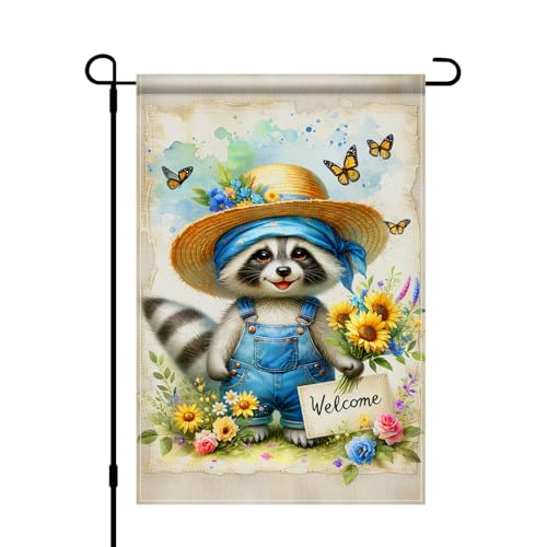 BlissYard Welcome Garden Flag 12x18 Inch Double Sided Raccoon Yard Decor Sunflower Floral Outdoor Banner Rustic Farmhouse Small Burlap Garden Flag for Porch Patio Lawn Spring Summer Decoration - color: Raccoon Garden Flag#1