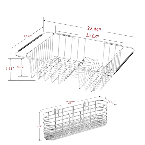 JAQ Over Sink Dish Drying Rack for Medium to Large Sink, Expandable 15.08"–22.4", Adjustable 304 Stainless Steel Dish Drainer with Utensil Holder, Large Capacity Holds Up to 13 Plates - size: 304 Stainless Steel - 13 dishes