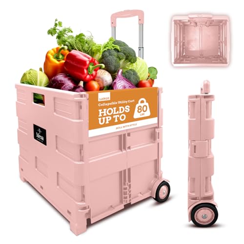 Inspired Living Ultra-Slim Rolling Collapsible Storage Pack-N-Roll Utility-carts, with Telescopic Handle, for Home, Garden, Shopping, Office, School use, Large, Raspberry Pink - color: Raspberry Pink, size: Large/ No Lid