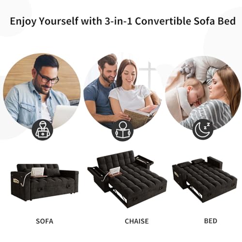 65" Foldable RV Love Seat Sofa, Modern Velvet Pull Out Couch with Table Board and UAB, Convertible Love Seat Sofa Bed with Adjustable Back and Pillow for Living Room, Small Spaces(Black, 2 Seat) - color: Black, size: 2 Seat
