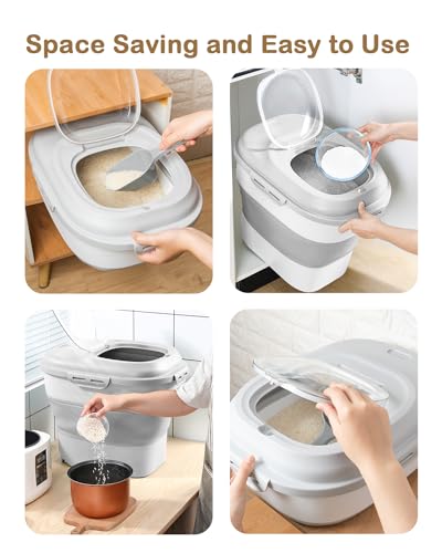 20-50 Lbs Food Storage Container With Wheel, Airtight Locking Lid, Collapsible Rice Container, Flour Storage With Small Container and Scoop, Suitable for Pet Food - color: Grey/20-50LBS
