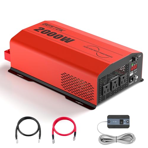 BESTEK 2000 Watt Pure Sine Wave Power Inverter 12V DC to 110V/120V AC Converter for Home, RV, Truck, Off-Grid Solar Power 3 AC Outlets Car Inverter with One 2 USB Port Type-C with Remote Control - color: Red Black
