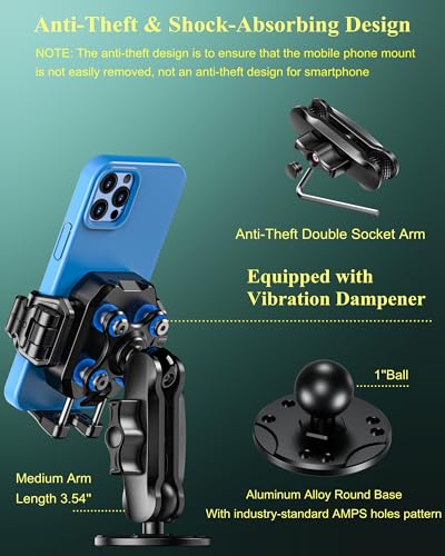 BRCOVAN Anti-Theft Phone Mount Holder with Vibration Dampener, 1s Locking | Don't Block Camera, with Aluminum Round Base & Medium Arm, for Car Boat Truck Motorcycle UTV, Fit 5.4-7.2'' Smartphones