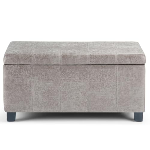 SIMPLIHOME Dover Storage Ottoman Bench - 36 inch Wide Upholstered Vegan Leather Rectangular Lift-Top Ottoman in Distressed Grey Taupe, Contemporary Bench for Living Room with Safety Hinges - color: Distressed Grey Taupe