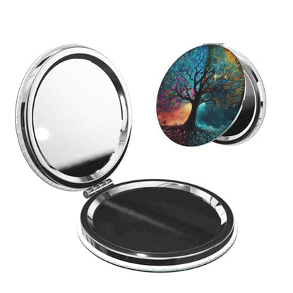 Magic Fantasy Tree Art Print Foldable Travel Pocket Mirror Round PU Leather Portable Mini Makeup Double Sided Handheld Magnifying,2.6 in - color: Magic Fantasy Tree Art