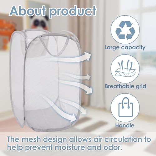 Foldable Pop Up Laundry Hamper – Set of 2 Collapsible Mesh Baskets with Handles for Kids, Baby, Dorm or Travel, Dual-Use Laundry Organizers for Clothes, Toys, Storage – Gray