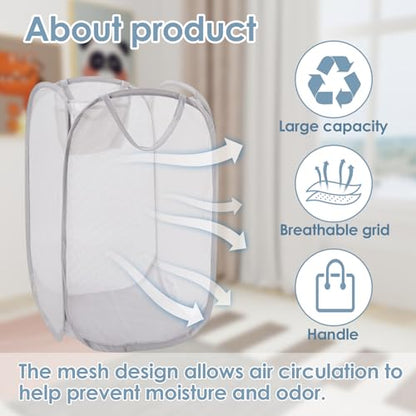 Foldable Pop Up Laundry Hamper – Set of 2 Collapsible Mesh Baskets with Handles for Kids, Baby, Dorm or Travel, Dual-Use Laundry Organizers for Clothes, Toys, Storage – Gray