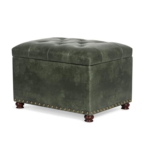 Joveco Storage Ottoman Rectangular Tufted Upholstered Ottomans with Rivet, Footrest Footstool Seat with Wood Legs for Living Room Bedroom (Black Green) - color: Black Green