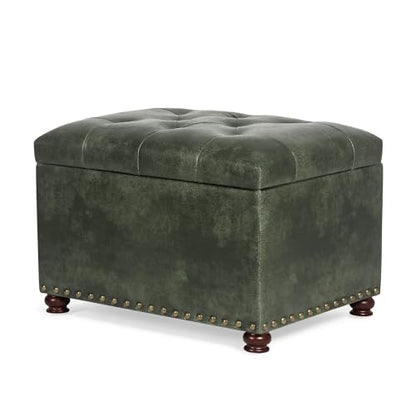 Joveco Storage Ottoman Rectangular Tufted Upholstered Ottomans with Rivet, Footrest Footstool Seat with Wood Legs for Living Room Bedroom (Black Green) - color: Black Green