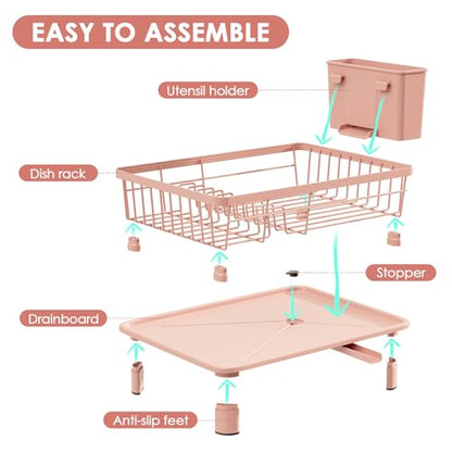GAOKASE Dish Drying Rack, Stainless Steel-Dish Rack, Dish Racks for Kitchen Counter, Kitchen Dish Drainers with Removable Utensil Holder,New Drain Outlet,Plate Rack and Drainboard,(Pink-11 W x 15" L) - color: Pink