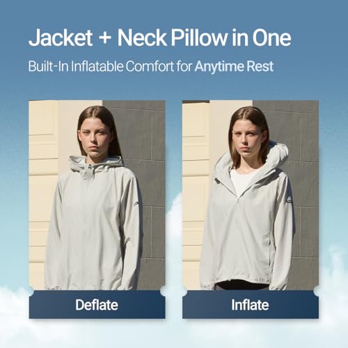 Pillowdy Travel Hoodie with Built-In Inflatable Neck Pillow for Flights - color: Grey Windbreaker, size: X-Large