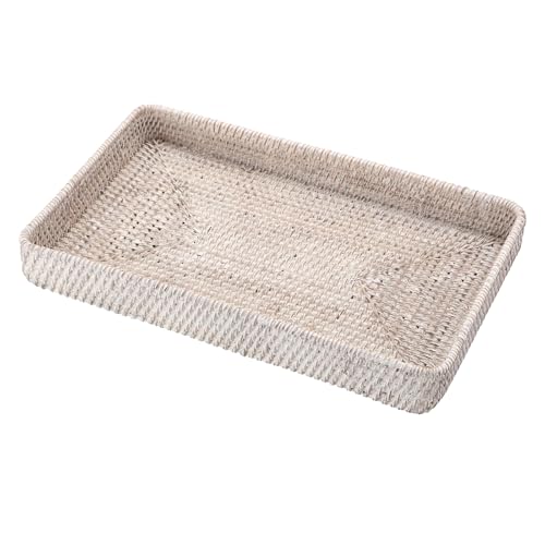 Hipiwe Rattan Serving Tray Whitewash Decorative Woven Trays for Organizing Bread Fruit Basket Rectangular Desktop Organizer for Kitchen Bathroom, 14.8" x 9" x 1.8" - color: Whitewash, size: 14.8" x 9" x 1.8"