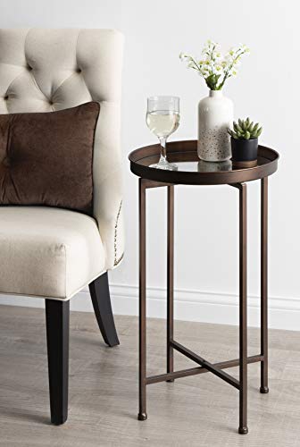 Kate and Laurel Celia Round Metal Foldable Accent Table with Mirror Tray Top, Bronze - color: Bronze