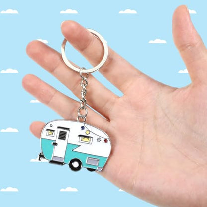 Thinp 2 Pieces Camper Keychain, RV Camper Keyring Accessories for Travel Trailers Enameled Metal Retro Camping Car Keychain - color: Green+red