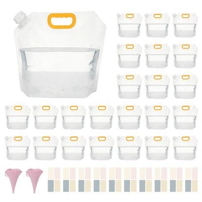 24 Pcs 1.3 Gal Collapsible Water Storage Bag, Emergency Water Jug | Foldable, Funnel & Stickers, Plastic Storage Pouch, Freezable Carrier Tank, Outdoor, Camping, Sport, Hiking