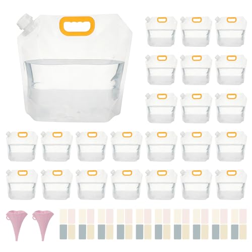 24 Pcs 1.3 Gal Collapsible Water Storage Bag, Emergency Water Jug | Foldable, Funnel & Stickers, Plastic Storage Pouch, Freezable Carrier Tank, Outdoor, Camping, Sport, Hiking