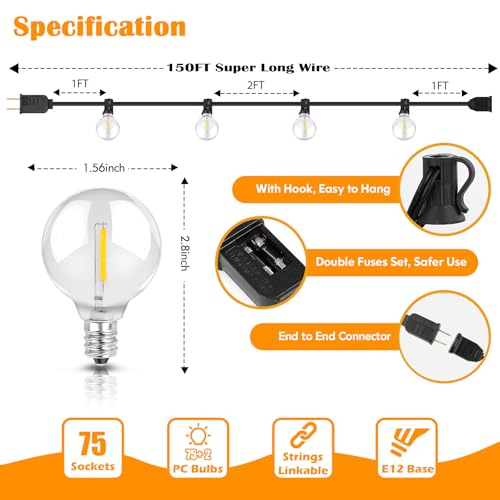 Brightever Outdoor String Light 150FT, Waterproof Dimmable Patio Lights with 75 G40 Globes, Shatterproof Connectable Outside Hanging Light for Backyard Porch - size: 150 FT