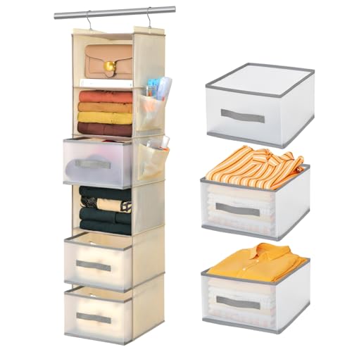 6-Tier Hanging Closet Organizer with 3Drawers and Side Pockets-Multi-FunctionalStorage for Shoes, Belts, Purses, and Clothing - color: 6-shelf -Beige