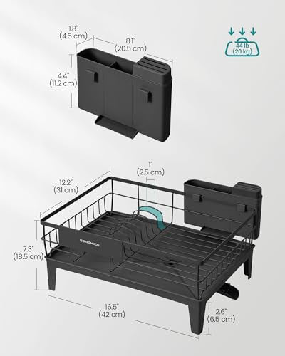 SONGMICS Dish Drying Rack, Kitchen Dish Rack with Drainboard, 360° Rotatable and Extendable Spout, with Cutlery Holder, 12.2 x 16.5 x 7.3 Inches, Ink Black UKCS550B01 - color: Ink Black, style: with Drainboard