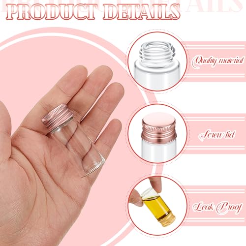 Didaey 100 Pcs Small Clear Vials Spice Mini Jars with Lids Mini Glass Bottles with Screw Aluminum Metal Caps Tiny Jars Sample Containers for Powder Cream Cosmetic Jewelry Wedding (10 ml,Rose Gold) - color: Rose Gold, size: 10 ml