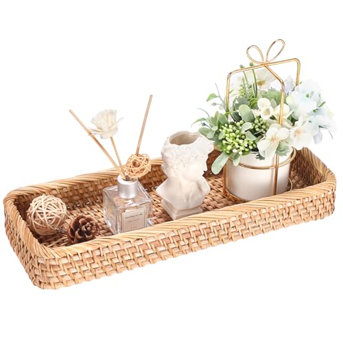 Hipiwe Rattan Basket Tray Handwoven Key Basket Holder for Entryway Long Narrow Bathroom Sink Vanity Tray Toilet Tank Basket Wicker Decorative Trays for Home Decor, 15.8"x 6"x2.2" - color: Natural Color, size: 6" x 2.2" x 15.8"