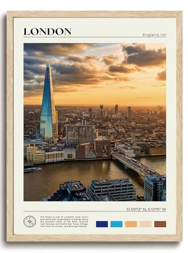 KISSFOX OAK Wood Framed Wall Art London Wall Decor Shard Canvas Art City Pictures Landscape Paintings Travel Posters Aesthetic Artwork For Bedroom Office Living room - color: London 2, size: 8x10 Wood